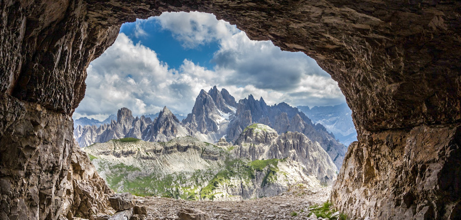 Panorama from man-made caves, Dolomites, Italy.
